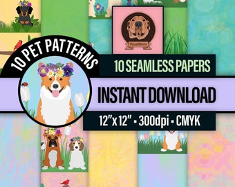 Seamless Spring Animal Digital Patterns - Dogs Wearing Floral Hats, Mother's Day Paper, Woodland Wildlife, Dog Mom Gift, Easter Card Making