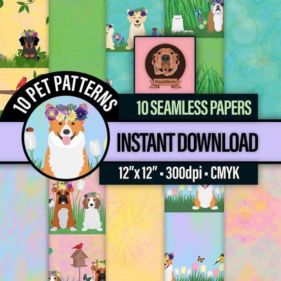 Seamless Spring Animal Digital Patterns - Dogs Wearing Floral Hats, Mother's Day Paper, Woodland Wildlife, Dog Mom Gift, Easter Card Making