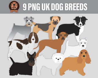 Großbritannien Hunderassen Clipart - Spaniel, Collie, Ridgeback, Westie, Malteser, Schnauzer, Terrier, Großbritannien Digitale Haustier-Illustrationen