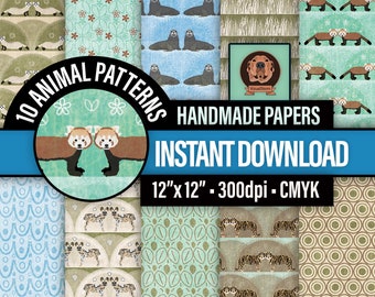 Endangered Animals Digital Paper - Printable Wildlife Doodle Patterns, Red Panda, African Wild Dog, Tiger, Black Footed Ferret, Sea Lion