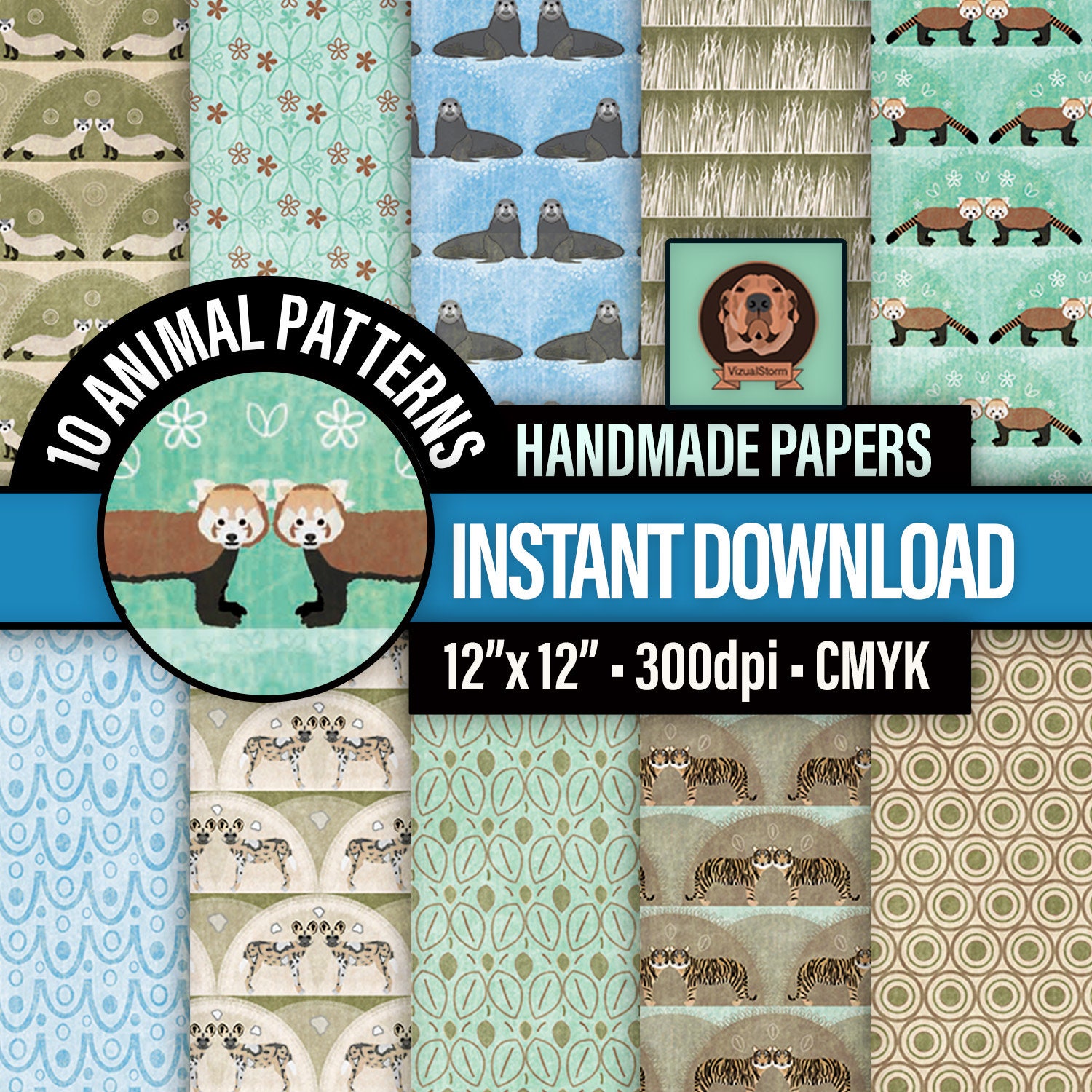 Endangered Animals Digital Paper - Printable Wildlife Doodle Patterns, Red Panda, African Wild Dog, Tiger, Black Footed Ferret, Sea Lion
