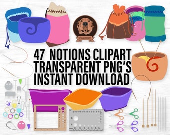 Png Knitting Notions Clipart - Craft Tools, Yarn Bowls, Stitch Markers, Gauge Rulers, Project Bags, Row Counters, Circular/Straight Needles