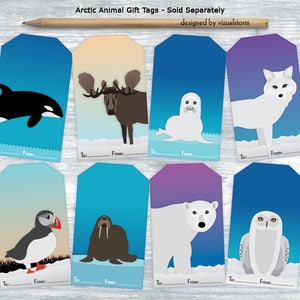 May include: Set of eight printable gift tags featuring different arctic animals, including a polar bear, owl, walrus, moose, seal, orca, puffin, and arctic fox. Each tag has a blue, purple, or orange gradient background with a white border and space for writing "To" and "From".