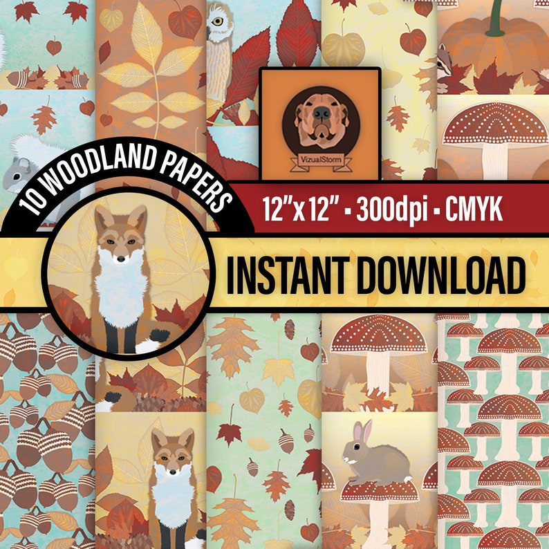May include: 10 woodland digital papers in a collage featuring a fox, owl, squirrel, rabbit, mushrooms, acorns, and leaves in shades of brown, red, yellow, and blue. The papers are 12 inches by 12 inches and 300 dpi. Instant download.