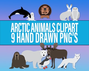 Arctic Animals Clipart Bundle - Polar Habitat for Holiday Party Designs & Diy Winter Crafts, PNG Wildlife Graphics,  Bear, Moose and Rabbit