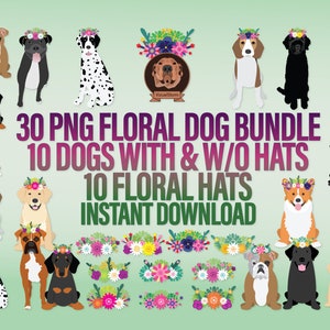 Hand Drawn Colorful Png dog breeds wearing floral crowns. 10 unique pets with and without hats, and,individual hats to add to your own designs, or, mix and match. 30 Png files with transparent backgrounds.