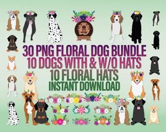 Vibrant Floral Dog Clipart Bundle - Cute Dog Breeds Wearing Flower Hats, Summer Png Pet Clip Art, Animal Flower Crowns, Fur Baby Crafts