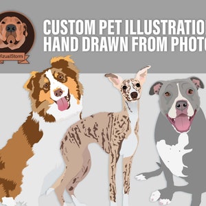 Custom Vector Pet Illustrations are Hand Drawn From Your Photo in Adobe Illustrator. Digital drawings of all animal species such as dogs, cats or cows. Detailed illustration of your pet in any position you provide from your photos.