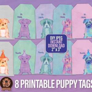 Printable Puppy Gift Tags - Puppies Wearing Hats with To & From, Pet Treat Label, DIY Dog Lover Watercolor Favors, Digital Kids Gift Wrap