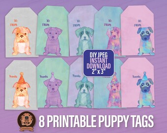 Printable Puppy Gift Tags - Puppies Wearing Hats with To & From, Pet Treat Label, DIY Dog Lover Watercolor Favors, Digital Kids Gift Wrap