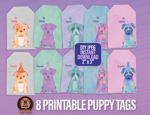 Printable Puppy Gift Tags - Puppies Wearing Hats with To & From, Pet Treat Label, DIY Dog Lover Watercolor Favors, Digital Kids Gift Wrap