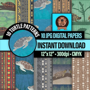 Puede incluir: 10 diseños de papel digital con diferentes patrones de tortugas. Los patrones incluyen una variedad de colores y texturas, como azul, verde, marrón y gris. Los papeles miden 30,5 cm por 30,5 cm y 300 dpi.