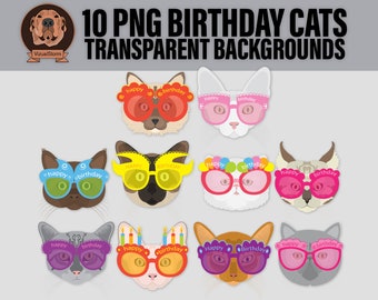 Birthday Cat Clipart - Funny Kitten Faces, Clip Art For Kids, Happy Birthday Glasses, Cute Pet Clip Art, Party Animal Cartoon, Png Kitty