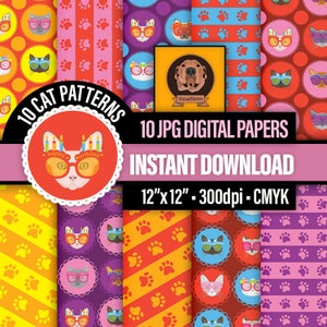 May include: Ten digital paper designs featuring cats wearing glasses and party hats. The papers are 12 inches by 12 inches and have a resolution of 300 dpi. The papers are in CMYK color mode.