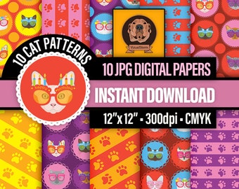 Funny Cat Birthday Party Digital Papers - Cute and Colorful Patterns with Hand Drawn Cat Faces, Pets Wearing Glasses, Stripes and Paw Prints