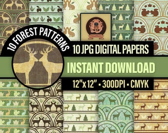 Forest Animal Digital Paper - Repeating Woodland Creature Patterns, Nature Scrapbooking, Geometric Wildlife Backgrounds, Stag and Deer Jpeg