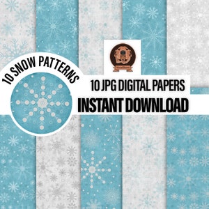 May include: Ten digital paper designs featuring snowflake patterns in blue and white. The text "10 SNOW PATTERNS" and "10 JPG DIGITAL PAPERS INSTANT DOWNLOAD" is displayed on the image.