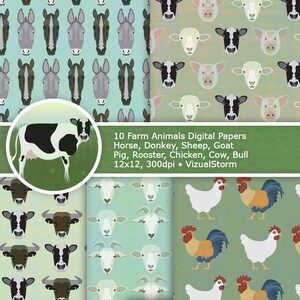 Farm Animals Digital Paper Printable Vegan Craft Patterns, Scenic Grasslands and Meadows, Farming Life Scrapbooking, Barnyard Designs image 3