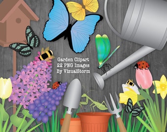Digital Garden Clipart -  Butterfly Gardening Graphics, Flowers Insects Butterflies Planting Illustration and Yard Tools - INSTANT DOWNLOAD