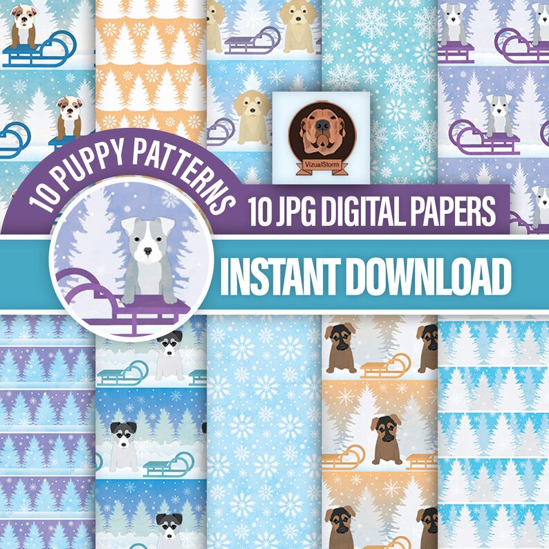May include: 10 digital paper patterns featuring cute cartoon puppies in winter scenes. The patterns include blue, white, and orange backgrounds with snowflakes, pine trees, and sleds.