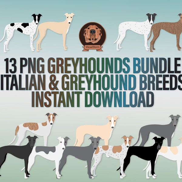 Greyhound Clipart Bundle Png - Variety of Coat Colors, Black, Blue, Brindle, Red, Fawn & White, Italian Greyhound Clip Art, PNG Dog Breeds