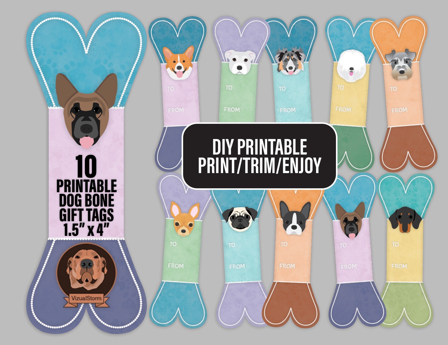 DIY Digital Dog Bone Gift Tags 10 Printable Pet Treat Labels With To from Popular Pet Breed Faces Christmas or Birthday Gift Wrapping Etsy Australia
