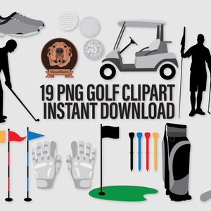 Golf Course Clipart PNG Golfing Clip Art, Golf Cart, Golf Clubs, Golf Bag, Golfer Silhouettes, Sports Illustrations, Mens Card Making image 1