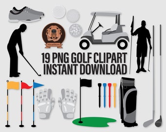 Golf Course Clipart - PNG Golfing Clip Art, Golf Cart, Golf Clubs, Golf Bag, Golfer Silhouettes, Sports Illustrations, Mens Card Making