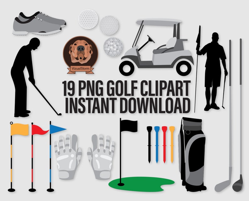 Golf Course Clipart PNG Golfing Clip Art, Golf Cart, Golf Clubs, Golf Bag, Golfer Silhouettes, Sports Illustrations, Mens Card Making image 1