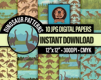 Printable Dinosaurs Digital Paper - Handmade Mesozoic Animals Scrapbooking, Earth History Crafts for Kids, Blue and Green Nature Patterns