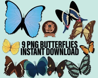 May include: Nine digital illustrations of butterflies in various colors and patterns, including blue, yellow, orange, brown, and black. The text "9 PNG BUTTERFLIES INSTANT DOWNLOAD" is displayed in black letters on a light blue background.