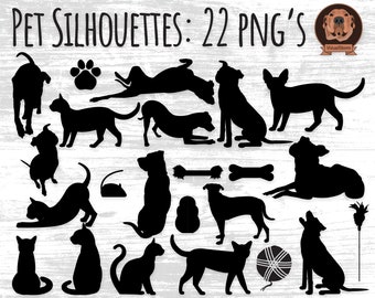 Png Pet Silhouettes - Cats and Dogs with Paw Print Bones Yarn and Toys Pets Sitting and Playing, Animal Png's for Scrapbook or Pet Designs