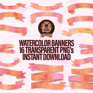 Watercolor Banners Clipart - Digital Ribbons Png, Warm Gradients, Paint Splatter, Scrapbooking Clip Art, Wedding Invitations, Card Making