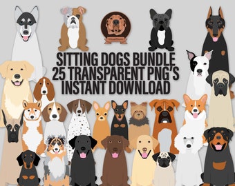 Sitting Dog Breeds Clipart Bundle - Front Facing Png Dogs - Hand Drawn Pet Illustrations, Digital Animal Clip Art, Dog Mom Art, Junk Journal