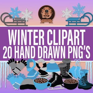 Clipart Pays des merveilles d'hiver - patinage sur glace, luge et tricot pour la fabrication de cartes de Noël, étiquettes-cadeaux en tricot pour les fêtes et travaux manuels le jour de la neige