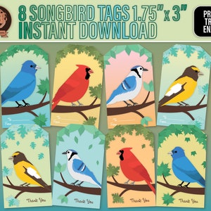 Bright Songbird Gift Tags - Printable Thank You & To/From With Cardinal, Grosbeak, Blue Jay, Indigo Bunting, DIY Spring Bird Party Favors