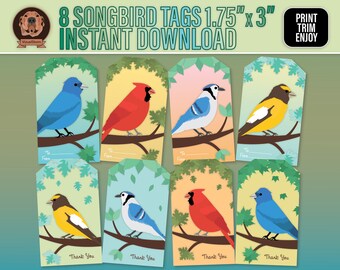 Bright Songbird Gift Tags - Printable Thank You & To/From With Cardinal, Grosbeak, Blue Jay, Indigo Bunting, DIY Spring Bird Party Favors