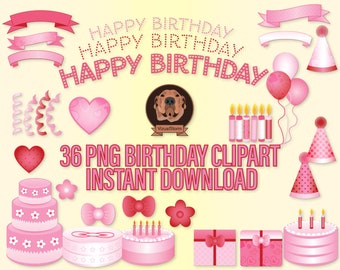 Girls Birthday Party Clipart Bundle - PNG Polka Dots & Hearts, Cakes, Bows, Ribbons, Presents, Banners, DIY Party Designs, First Birthday