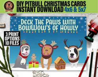 Diy Printable Pitbull Christmas Card - Deck The Paws, Digital 5x7 and 4x6, Print or Email Holiday Greetings, Snowflakes, Lights and Dogs