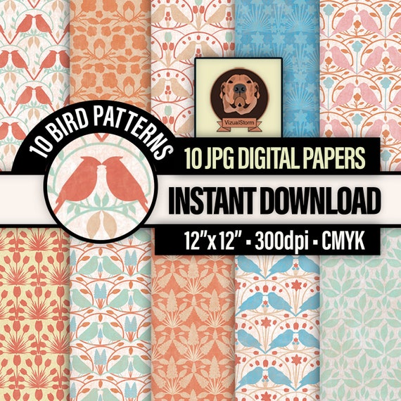 Love Birds Digital Paper - Printable Songbird Designs, Floral Motif Patterns, Bird Watching Nature Scrapbooking, Animal Craft Papers