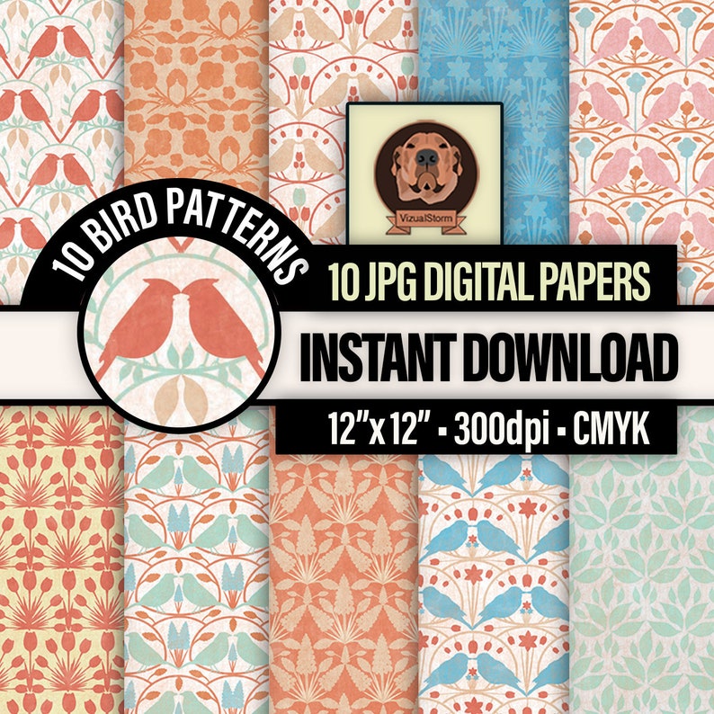 K&ouml;nnte beinhalten: Zehn digitale Papiermuster mit stilisierten V&ouml;geln und floralen Designs im Vintage-Stil. Die Muster sind in den Farben Pfirsich, Blau, Gr&uuml;n und Wei&szlig; gehalten. Jedes Muster ist 30,48 cm x 30,48 cm gro&szlig; und hat eine Aufl&ouml;sung von 300 dpi.