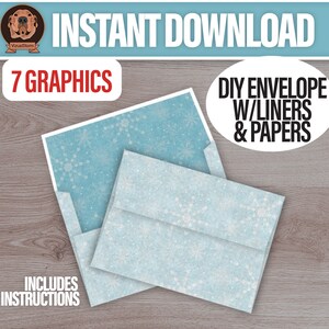 May include: A digital download of 7 printable graphics for a DIY envelope with liners and papers. The graphics feature a blue background with white snowflakes. The text "INSTANT DOWNLOAD", "7 GRAPHICS", "DIY ENVELOPE W/LINERS & PAPERS", and "INCLUDES INSTRUCTIONS" is included in the image.