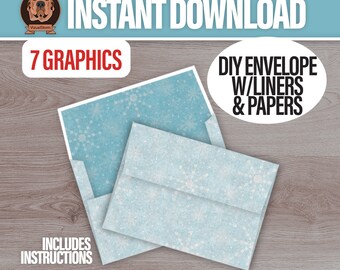 Diy Printable Snowflake Envelope Kit - Fits 5x7 Holiday Cards or Photos, Digital Envelopes Template Kit with Snow Liners and Instructions