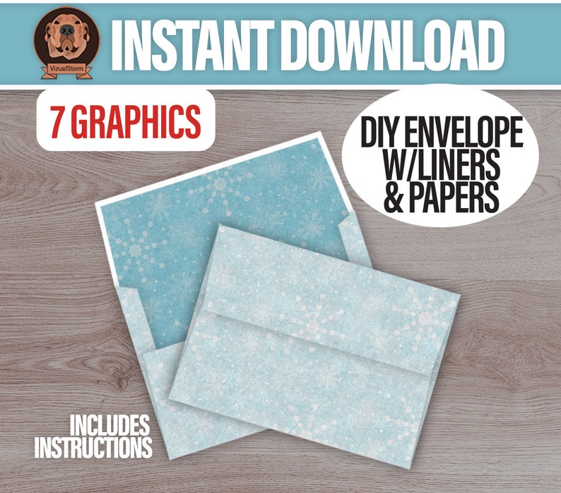 May include: A digital download of 7 printable graphics for a DIY envelope with liners and papers. The graphics feature a blue background with white snowflakes. The text "INSTANT DOWNLOAD", "7 GRAPHICS", "DIY ENVELOPE W/LINERS & PAPERS", and "INCLUDES INSTRUCTIONS" is included in the image.