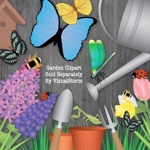 Png Butterfly Garden Silhouettes Digital Gardening Clipart with Butterflies, Plants, Flowers, Watering Can, Flower Pots and a Bird House image 4