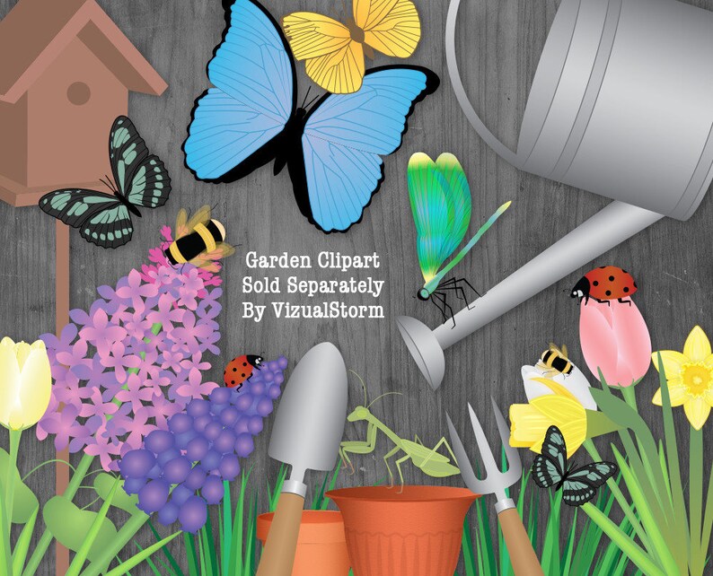 Png Butterfly Garden Silhouettes Digital Gardening Clipart with Butterflies, Plants, Flowers, Watering Can, Flower Pots and a Bird House image 4