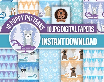 Cute Winter Puppies Digital Paper - White Christmas Pets on Sleds with Snowflakes Husky Shepherd Pitbull Bulldog Retriever, Puppy Scrapbook