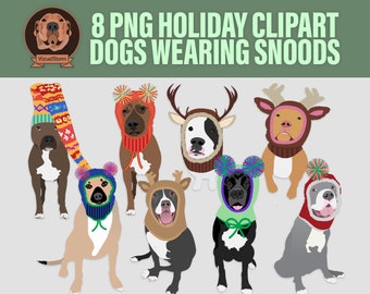 Png chiens portant des snoods de vacances - bonnets en tricot numérique dessinés à la main et pompons sur des races mixtes de pitbulls et de pibulls, clipart numérique Noël pour animaux de compagnie