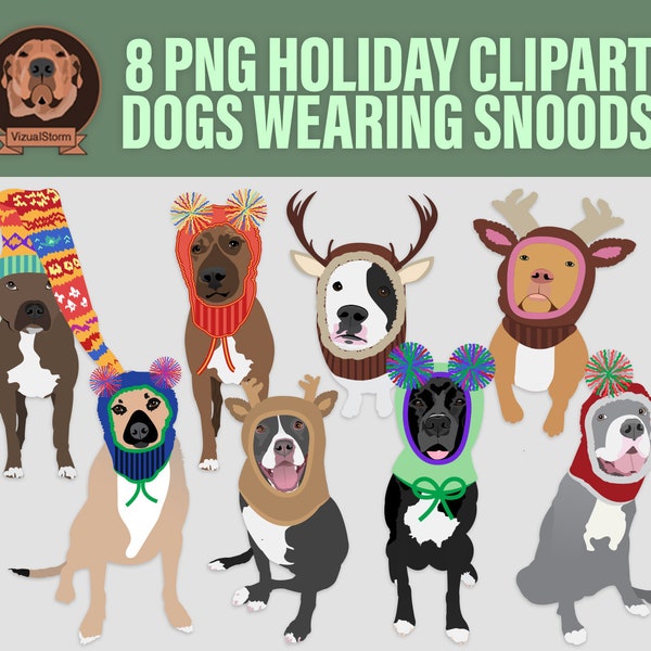 Png Dogs Wearing Holiday Snoods - Hand Drawn Digital Knit Hats and Pom Poms on Pitbulls and Pibull Mix Breeds, Digital Christmas Pet Clipart