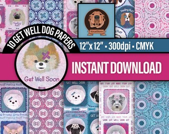 Handmade Get Well Soon Dog Digital Papers - Printable Pet Scrapbooking Paper for Veterinarians, Nurses and DIY Hospital Gift Making Designs